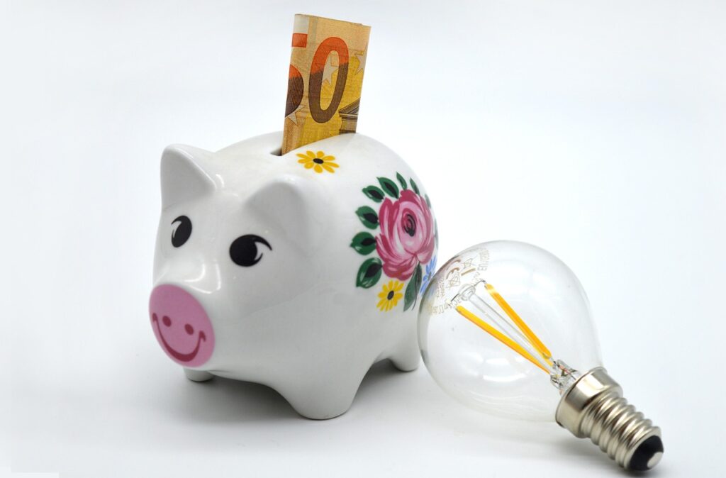 light bulb, piggy bank, money, energy, save energy, cash, led, light, euro, cost, bank notes, save up, energy costs, currency, finance, inflation rate, price increase, rising costs, electricity costs, electricity bill